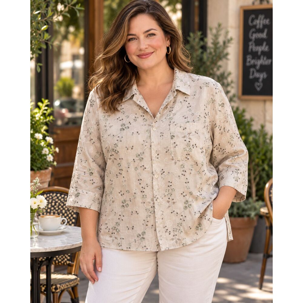 Chico’s Design 100% Linen Embroidered Blouse Large Mother of Pearl Button Floral